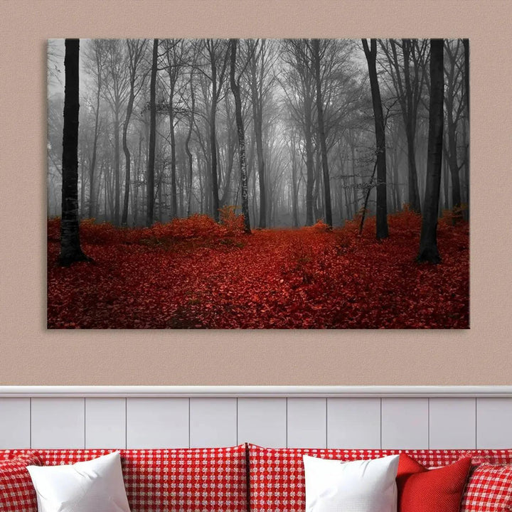 Wonderful Forest with Red Leaves on Ground Large Wall Art Landscape Canvas Print