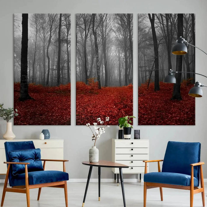 Wonderful Forest with Red Leaves on Ground Large Wall Art Landscape Canvas Print