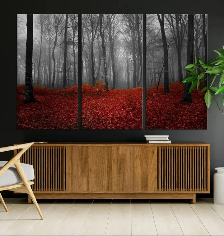 Wonderful Forest with Red Leaves on Ground Large Wall Art Landscape Canvas Print