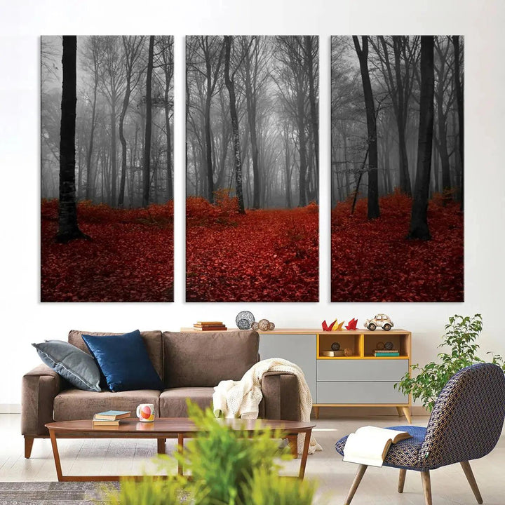 Wonderful Forest with Red Leaves on Ground Large Wall Art Landscape Canvas Print