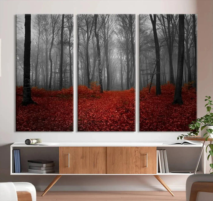 Wonderful Forest with Red Leaves on Ground Large Wall Art Landscape Canvas Print