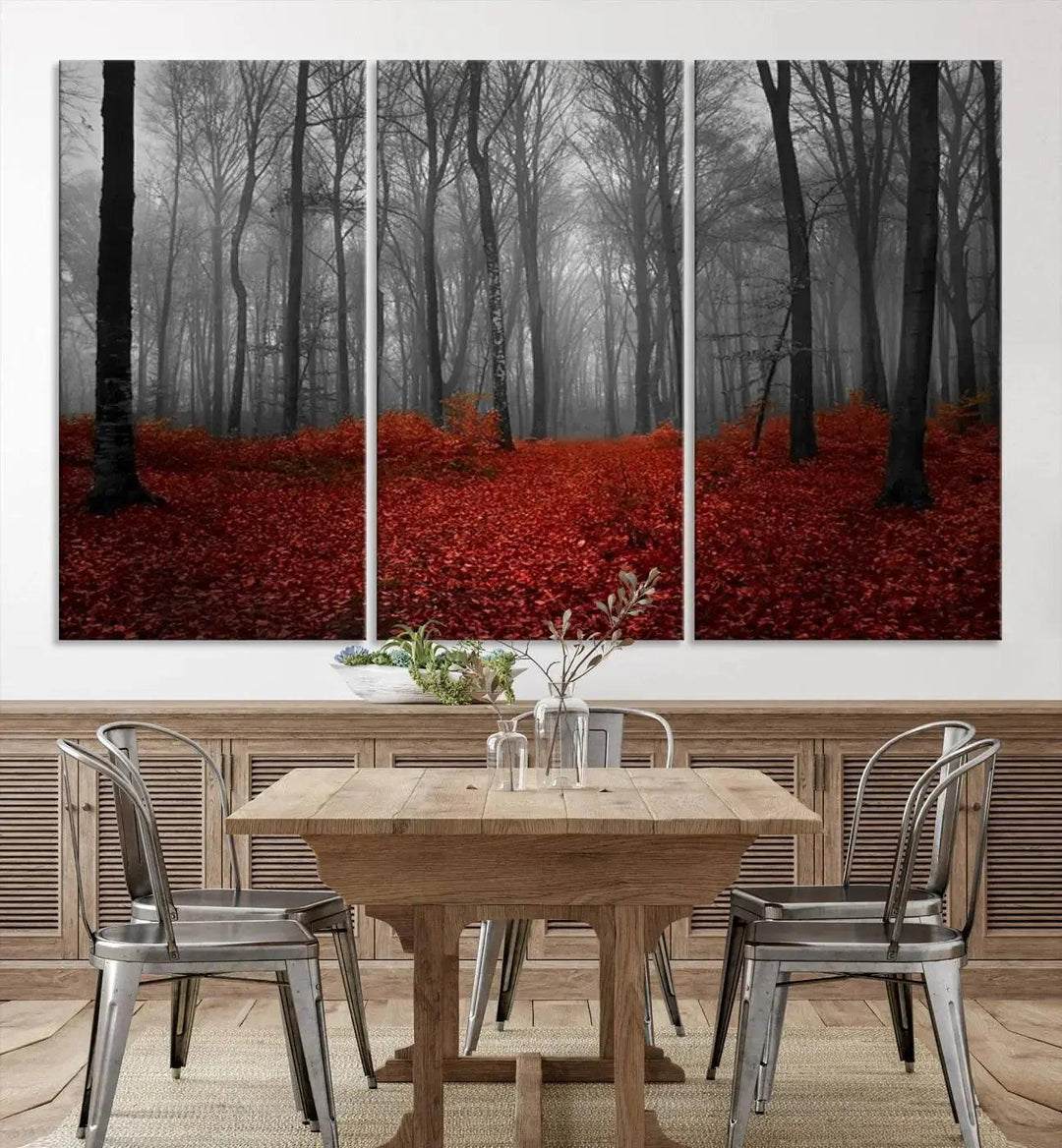 Wonderful Forest with Red Leaves on Ground Large Wall Art Landscape Canvas Print