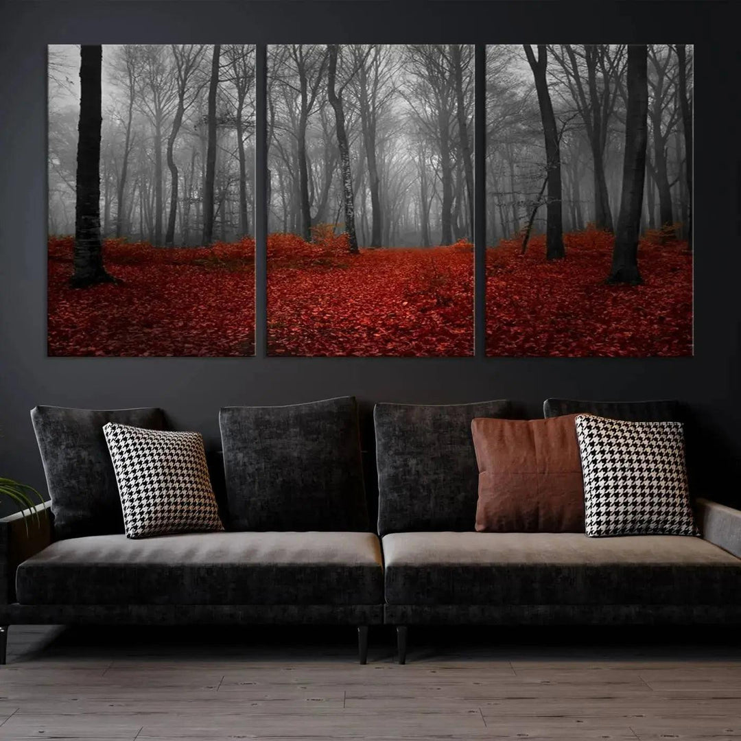 Wonderful Forest with Red Leaves on Ground Large Wall Art Landscape Canvas Print