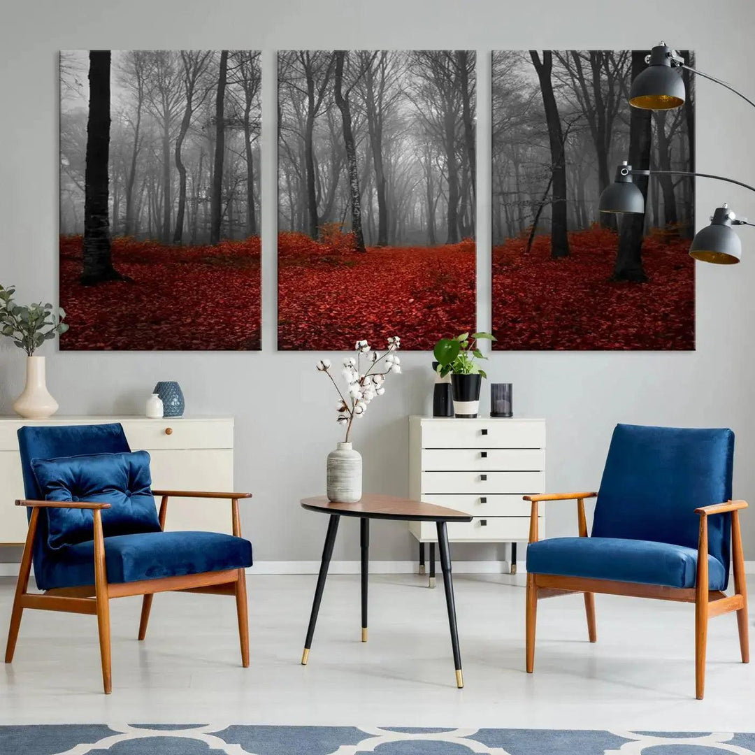 Wonderful Forest with Red Leaves on Ground Large Wall Art Landscape Canvas Print