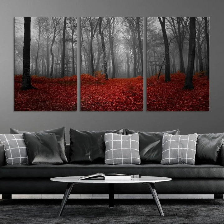 Wonderful Forest with Red Leaves on Ground Large Wall Art Landscape Canvas Print