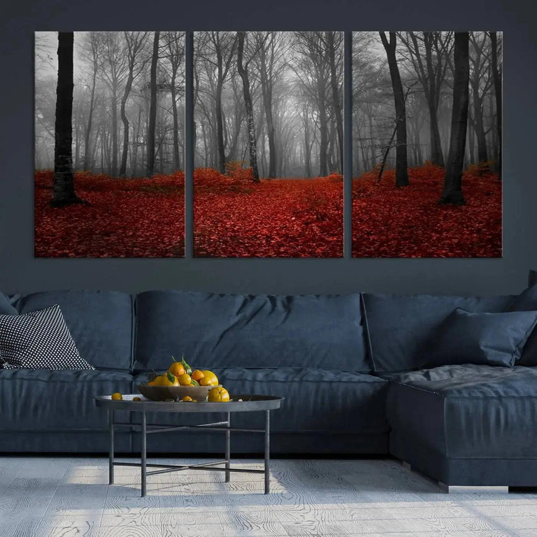 Wonderful Forest with Red Leaves on Ground Large Wall Art Landscape Canvas Print