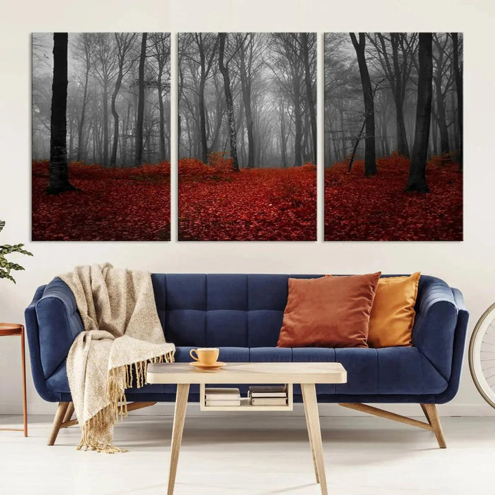 Wonderful Forest with Red Leaves on Ground Large Wall Art Landscape Canvas Print