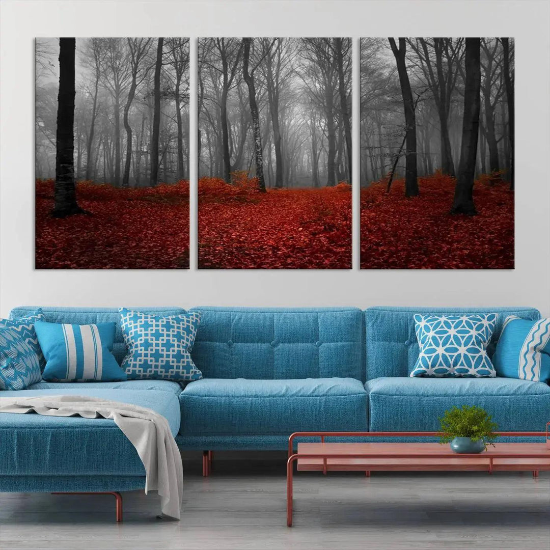 Wonderful Forest with Red Leaves on Ground Large Wall Art Landscape Canvas Print