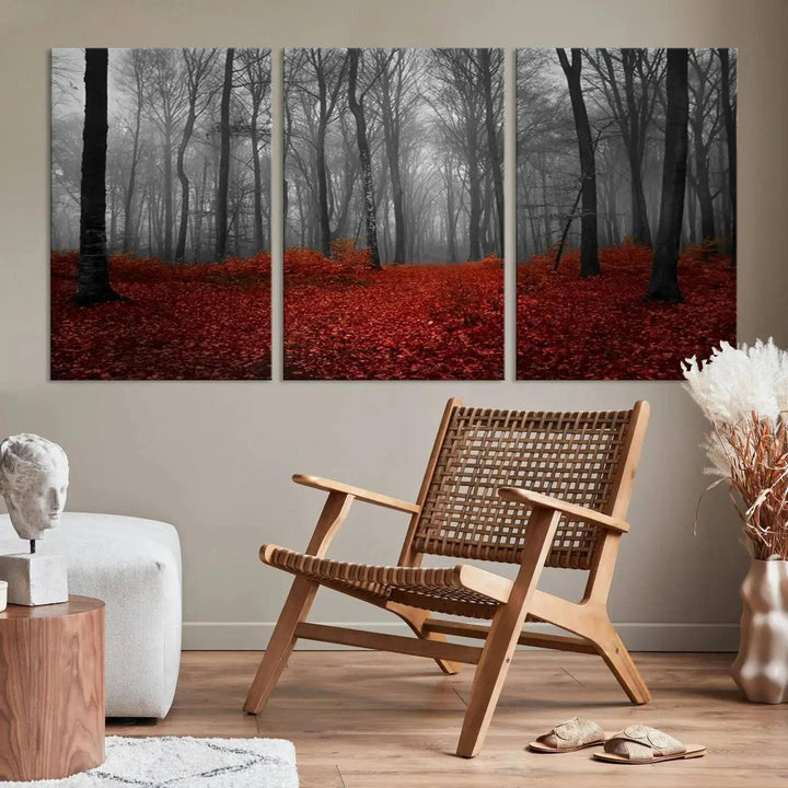 Wonderful Forest with Red Leaves on Ground Large Wall Art Landscape Canvas Print