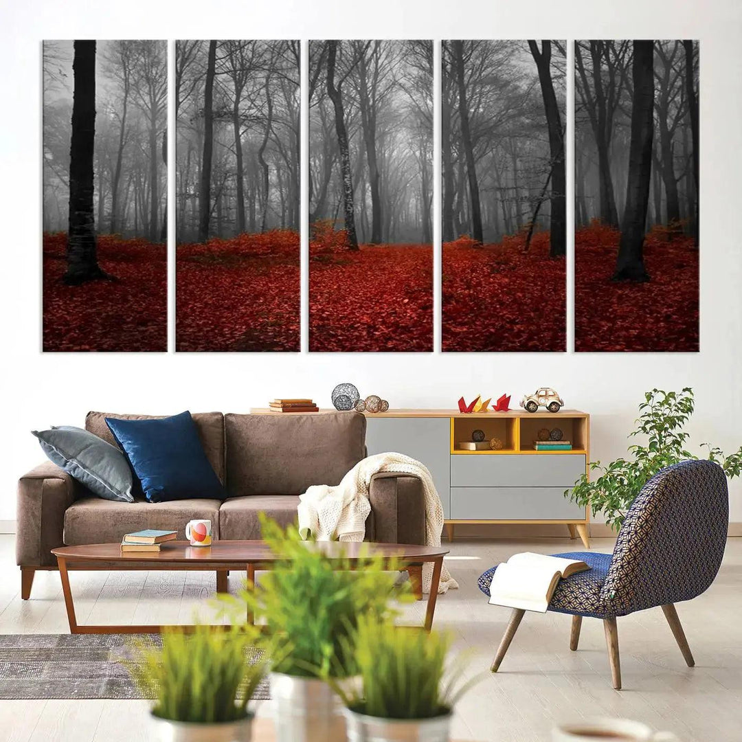 Wonderful Forest with Red Leaves on Ground Large Wall Art Landscape Canvas Print