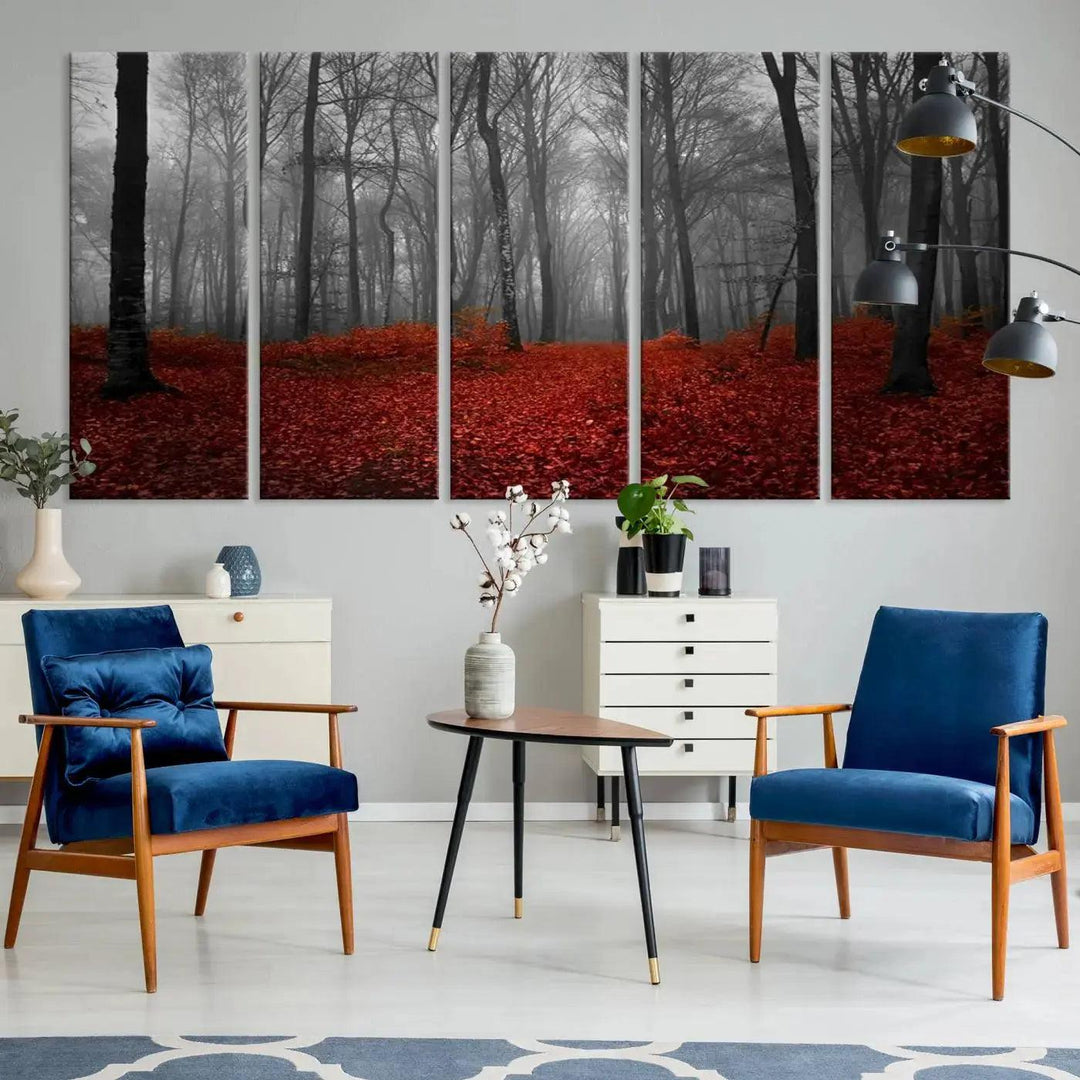 Wonderful Forest with Red Leaves on Ground Large Wall Art Landscape Canvas Print