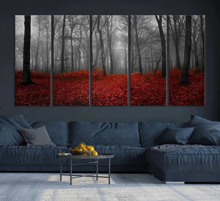 Wonderful Forest with Red Leaves on Ground Large Wall Art Landscape Canvas Print