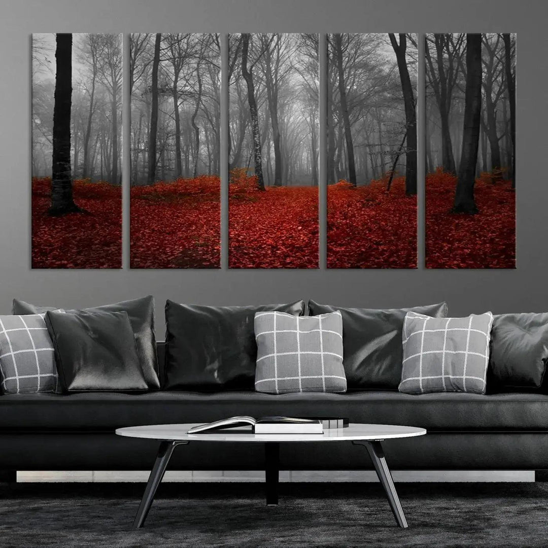 Wonderful Forest with Red Leaves on Ground Large Wall Art Landscape Canvas Print