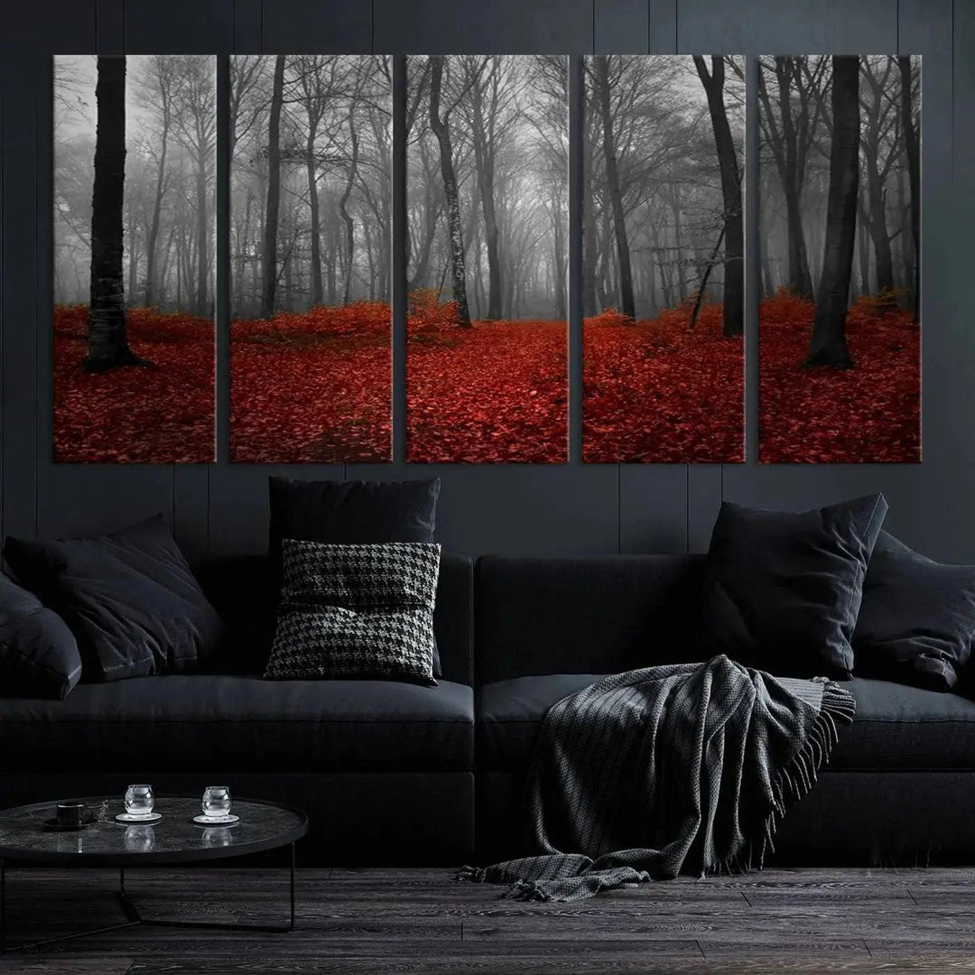 Wonderful Forest with Red Leaves on Ground Large Wall Art Landscape Canvas Print