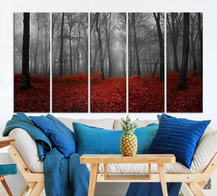 Wonderful Forest with Red Leaves on Ground Large Wall Art Landscape Canvas Print