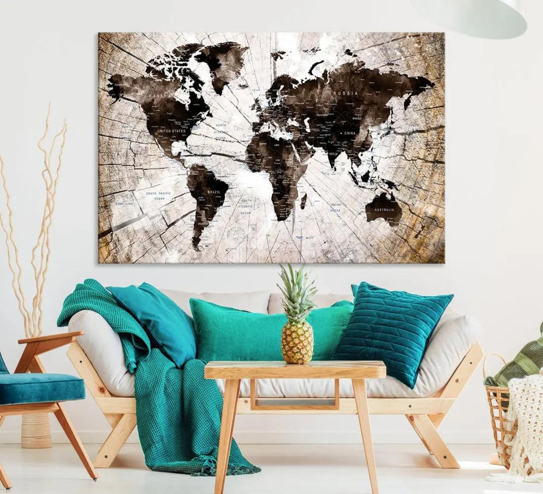 Wood Texture World Map Wall Art Canvas Print Framed