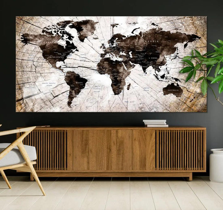 Wood Texture World Map Wall Art Canvas Print Framed