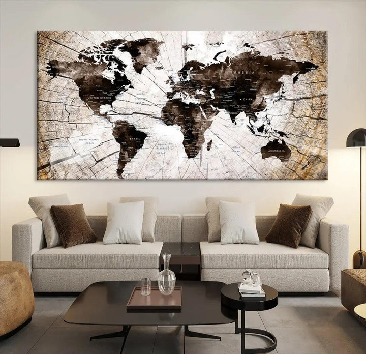 Wood Texture World Map Wall Art Canvas Print Framed