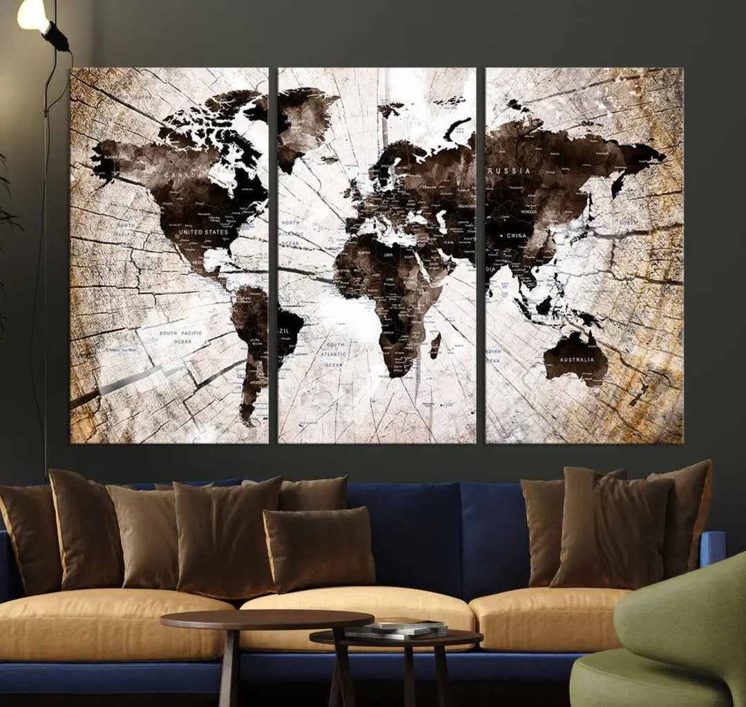 Wood Texture World Map Wall Art Canvas Print Framed