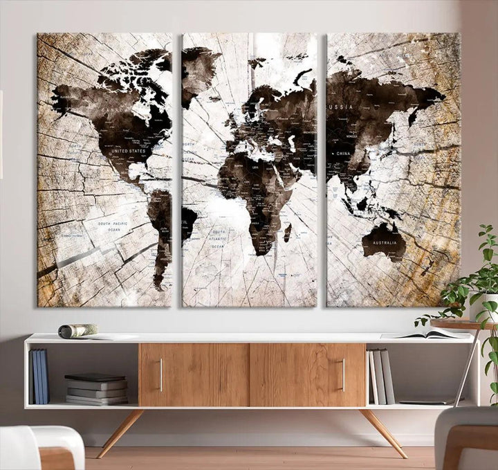 Wood Texture World Map Wall Art Canvas Print Framed