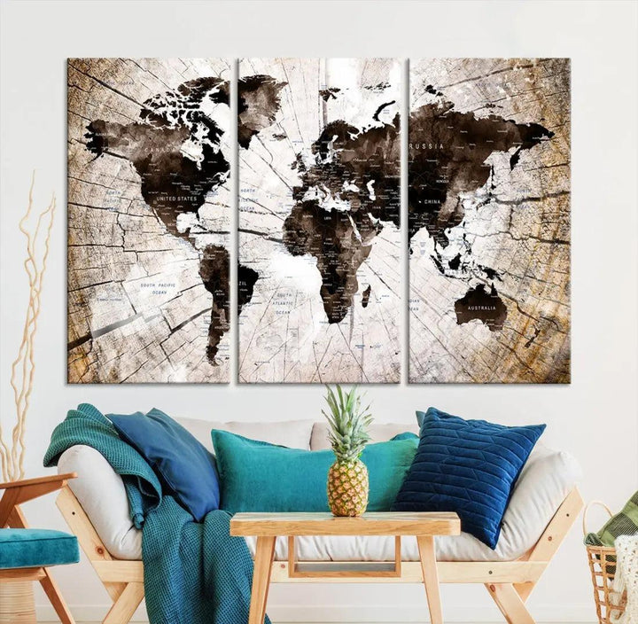 Wood Texture World Map Wall Art Canvas Print Framed