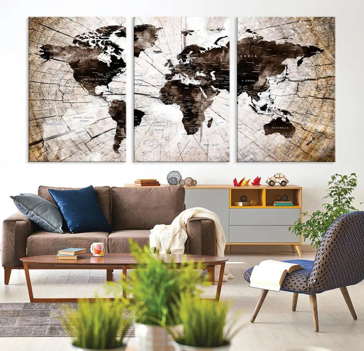 Wood Texture World Map Wall Art Canvas Print Framed