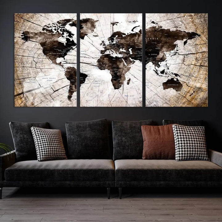 Wood Texture World Map Wall Art Canvas Print Framed