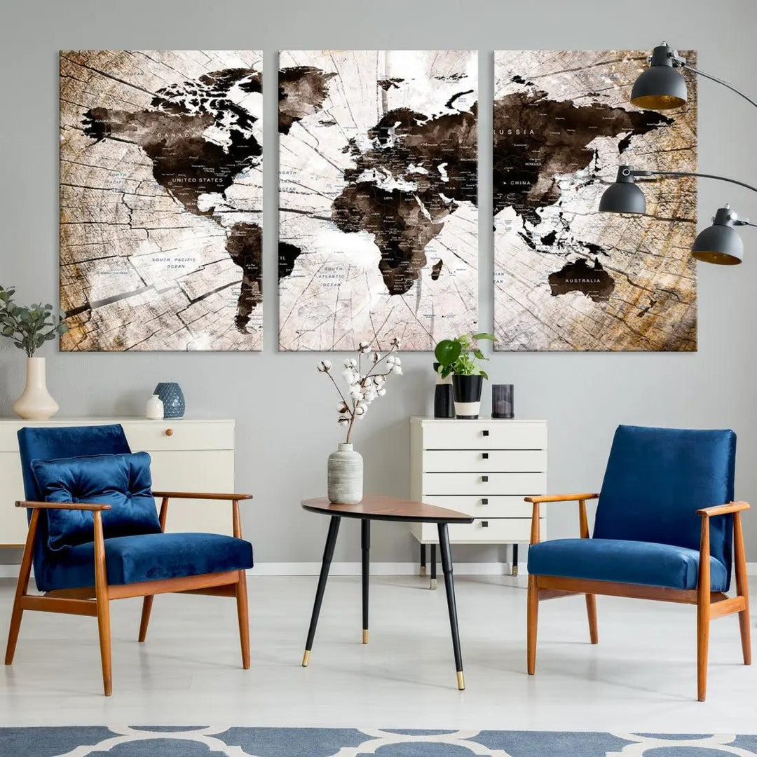 Wood Texture World Map Wall Art Canvas Print Framed