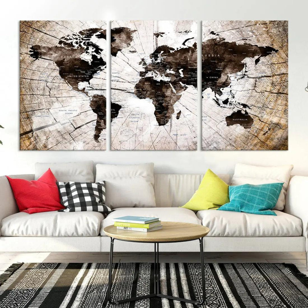 Wood Texture World Map Wall Art Canvas Print Framed