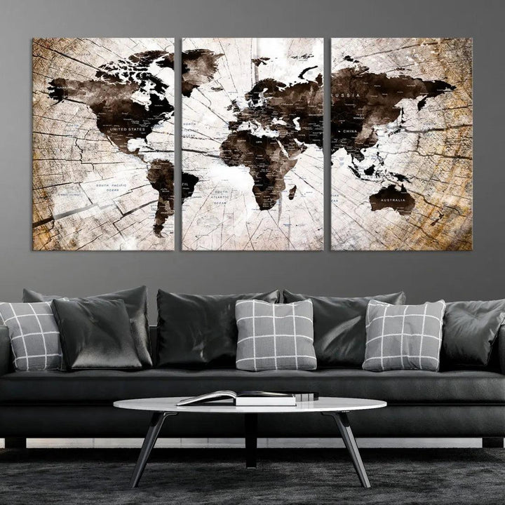 Wood Texture World Map Wall Art Canvas Print Framed