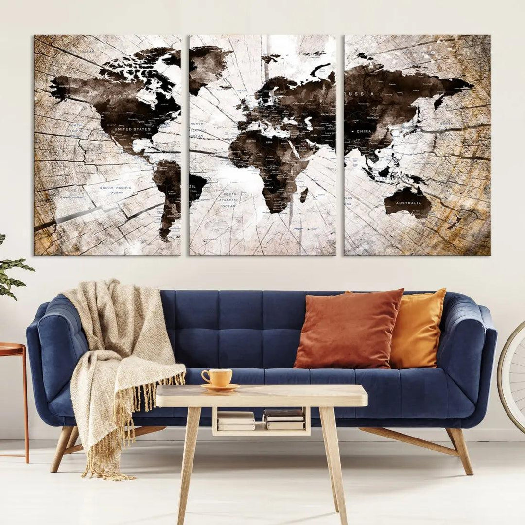 Wood Texture World Map Wall Art Canvas Print Framed