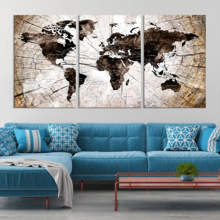 Wood Texture World Map Wall Art Canvas Print Framed