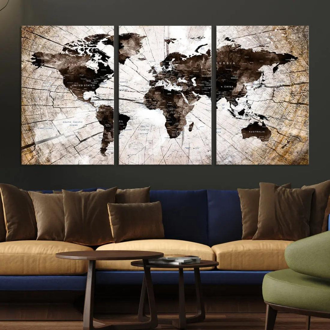 Wood Texture World Map Wall Art Canvas Print Framed