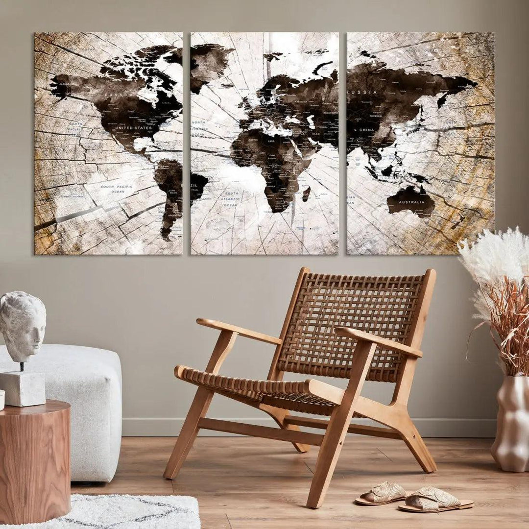 Wood Texture World Map Wall Art Canvas Print Framed