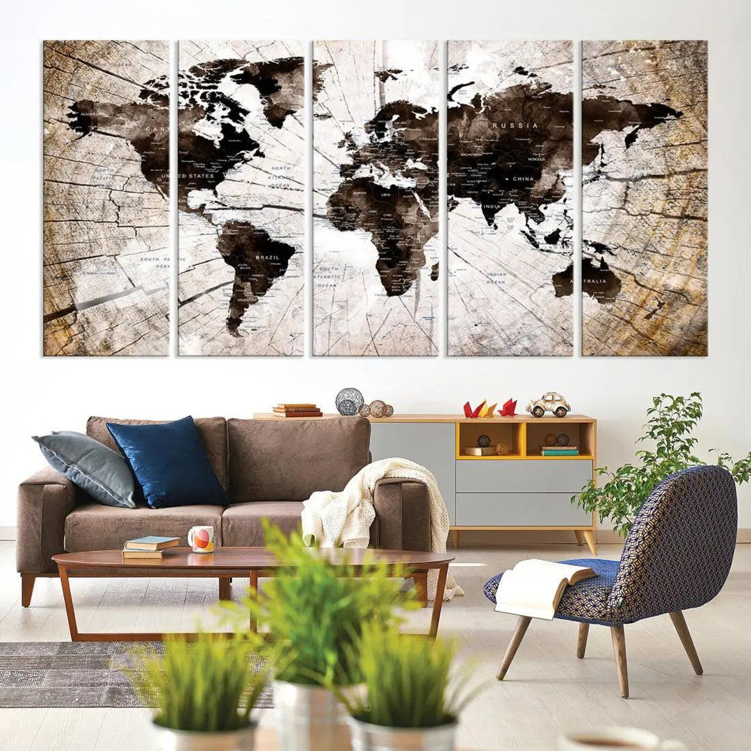 Wood Texture World Map Wall Art Canvas Print Framed