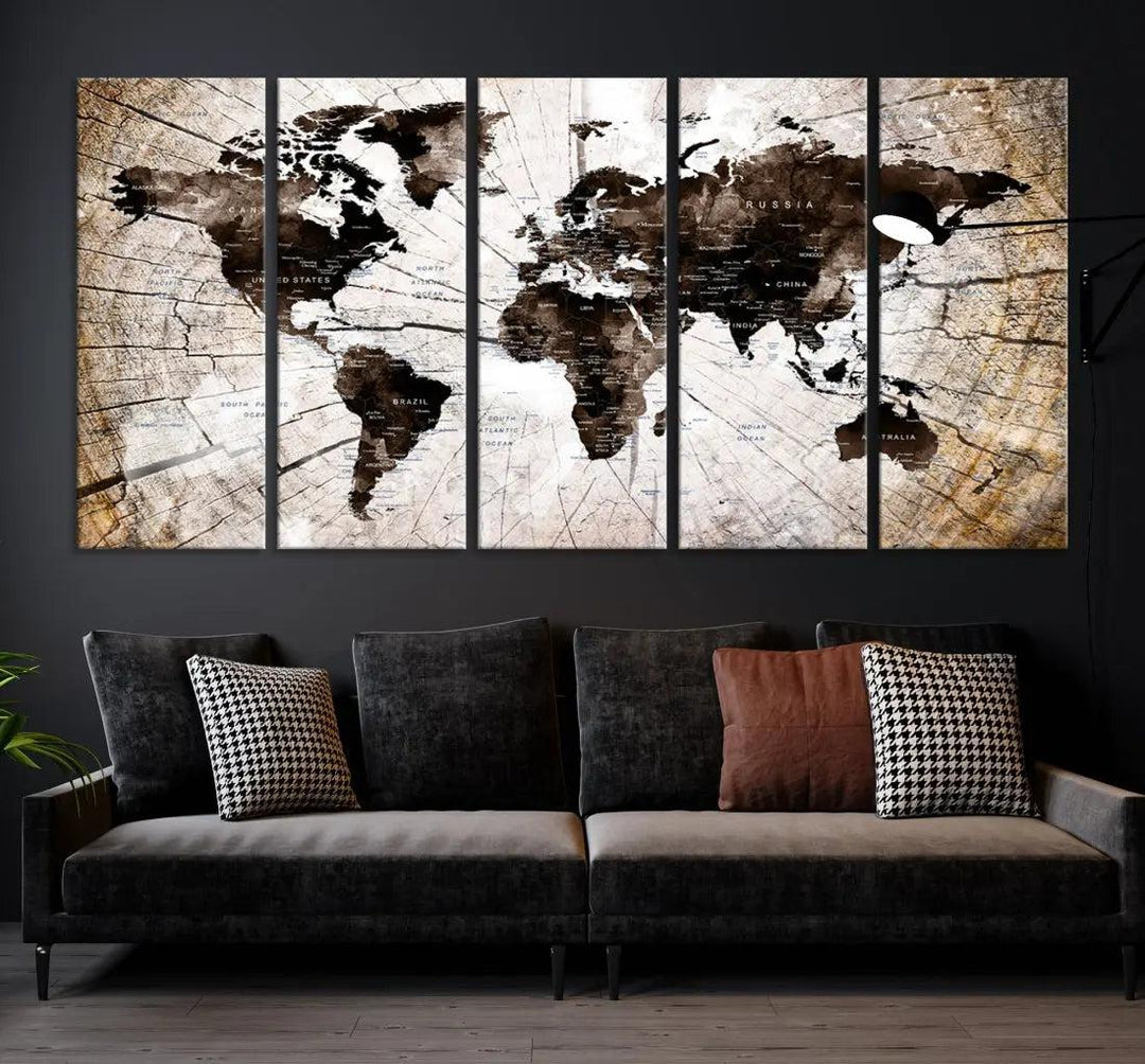 Wood Texture World Map Wall Art Canvas Print Framed