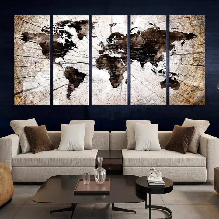 Wood Texture World Map Wall Art Canvas Print Framed