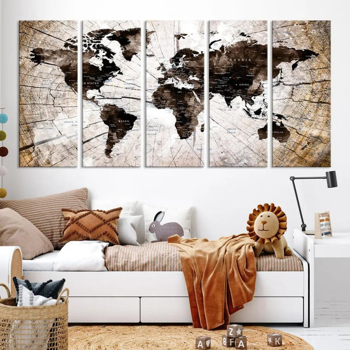 Wood Texture World Map Wall Art Canvas Print Framed