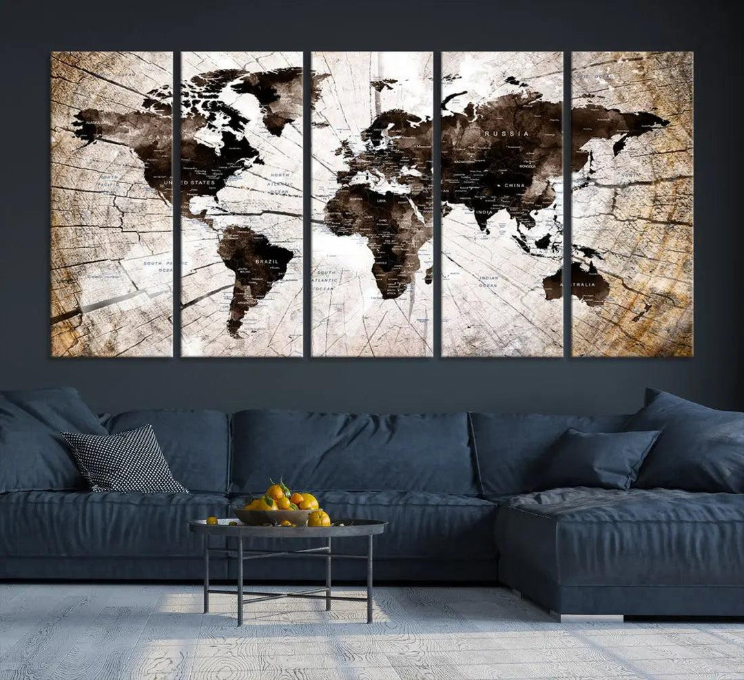 Wood Texture World Map Wall Art Canvas Print Framed