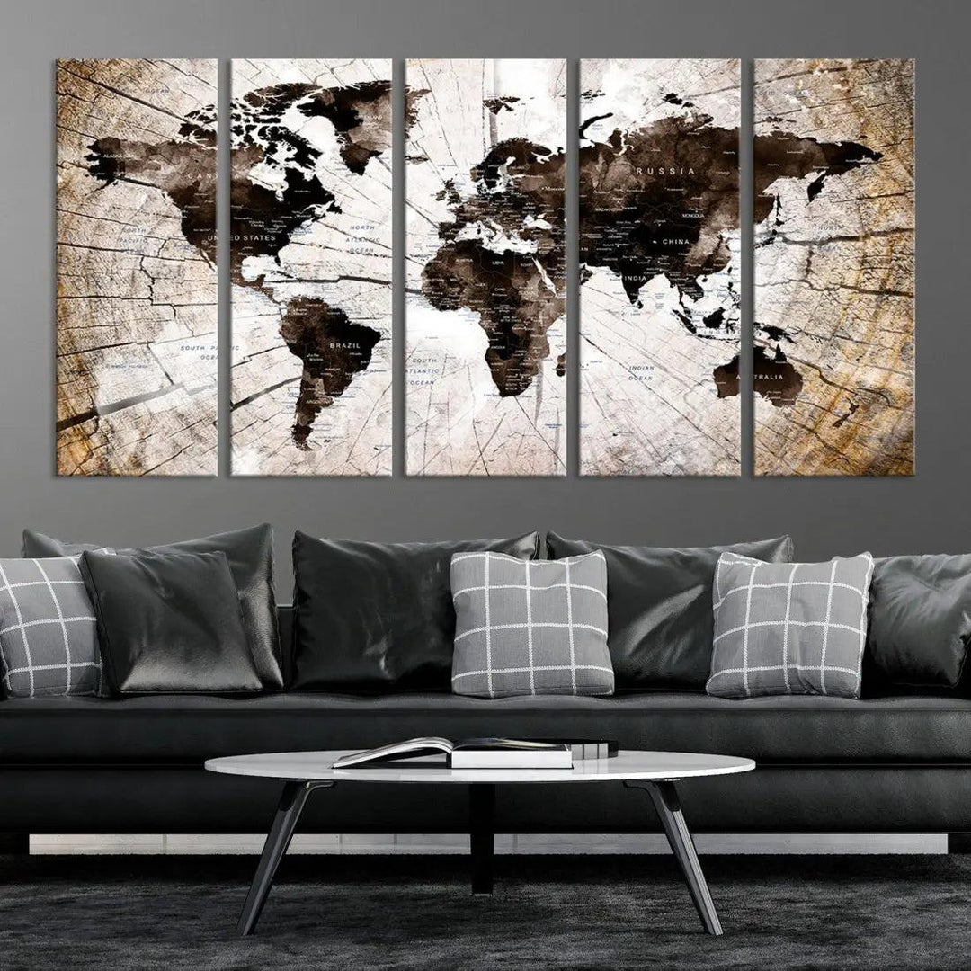 Wood Texture World Map Wall Art Canvas Print Framed