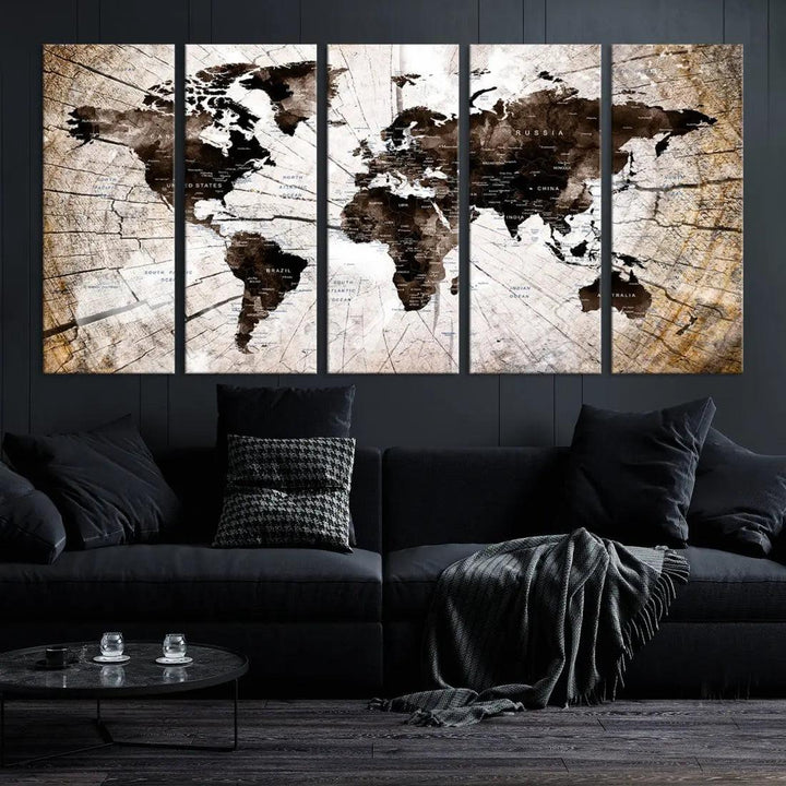 Wood Texture World Map Wall Art Canvas Print Framed