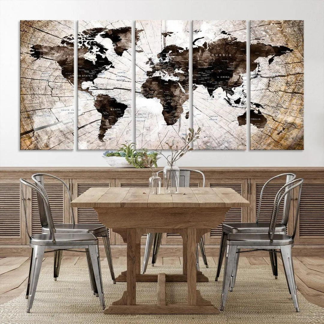 Wood Texture World Map Wall Art Canvas Print Framed