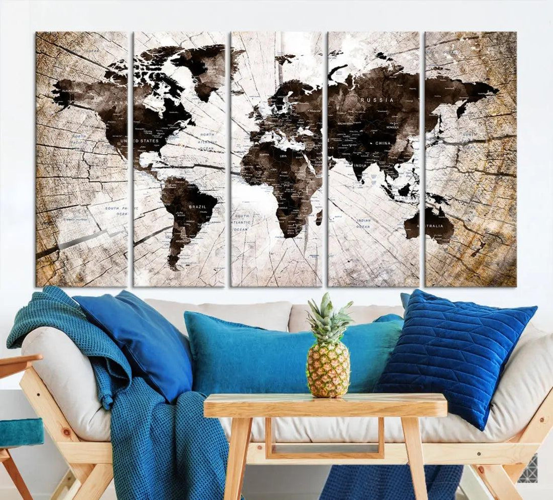 Wood Texture World Map Wall Art Canvas Print Framed