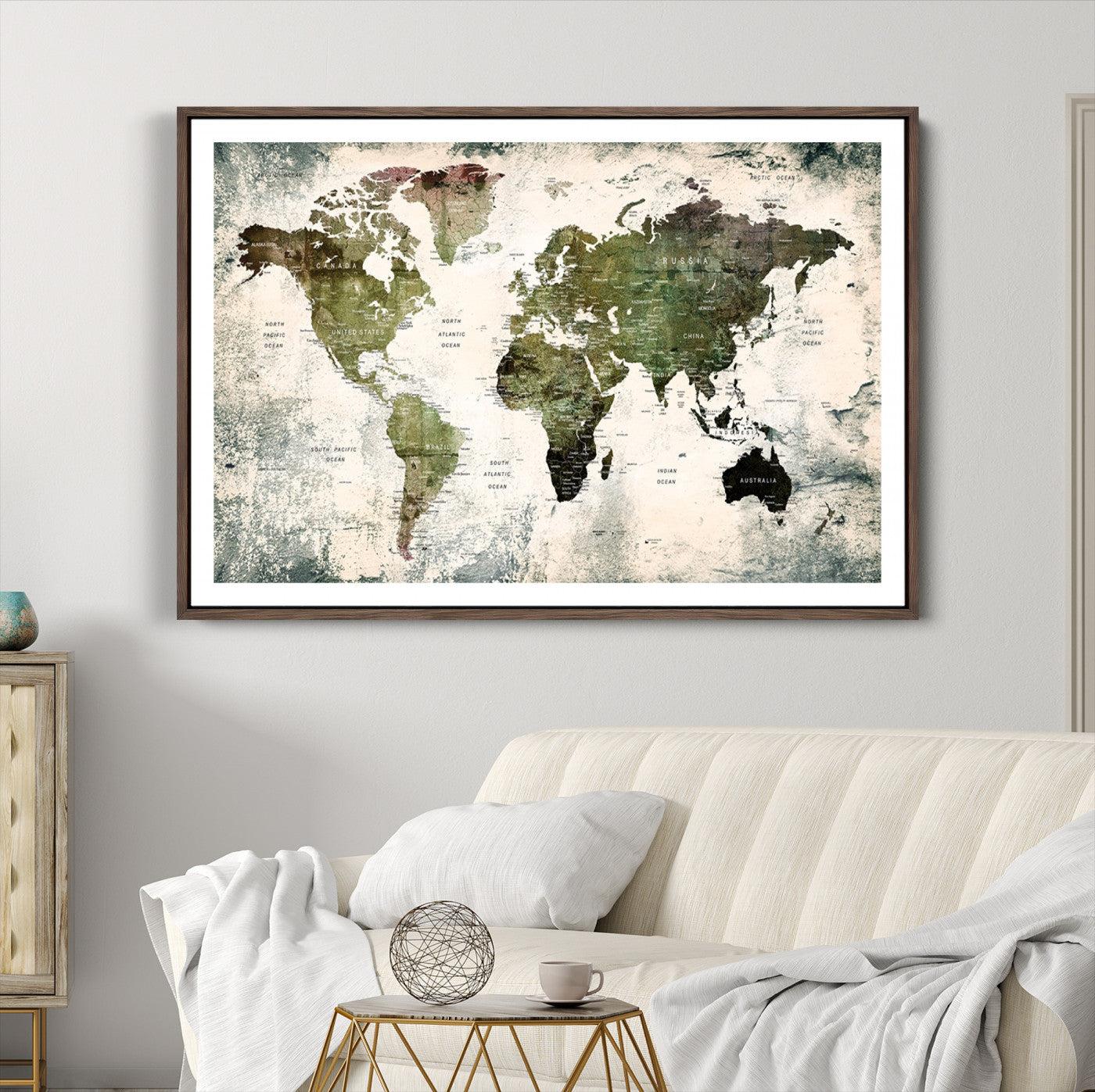 14328-MGC-FP-36x24_Walnut-World Map Canvas PRINT, World Map Canvas Art