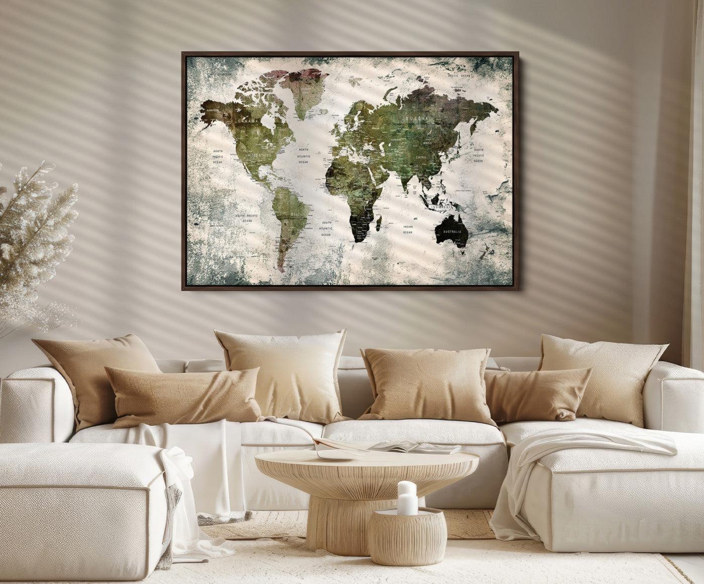 14328-MGV-FC-36X24_Walnut-World Map Canvas PRINT, World Map Canvas Art