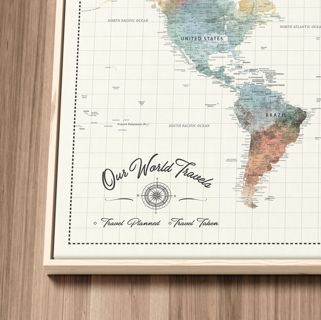 '-Custom Framed World Map Canvas Print – Personalized Push Pin Travel Tracker Gift for Couples, Weddings, or Anniversary Celebrations - H76