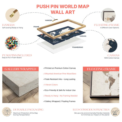 73306535-MGV-CV-36X24-Custom Push Pin World Map Wall Canvas Print – Personalized Travel Tracker for Anniversy Gift – Framed Custom Quotie Canvas for Home Office Decor