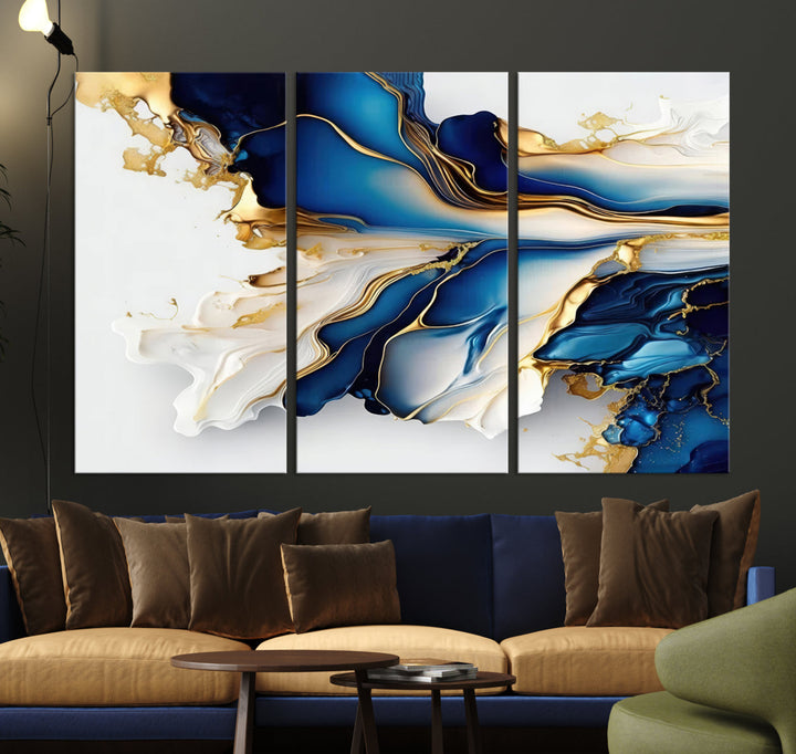 Abstract Blue and Gold Canvas Wall Art Print - Luxurious Modern Abstract Design with Rich Blue and Gold Accents, Ready to Hang Canvas for Living Room