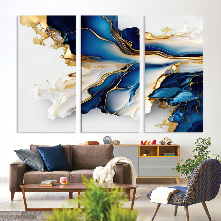 Abstract Blue and Gold Canvas Wall Art Print - Luxurious Modern Abstract Design with Rich Blue and Gold Accents, Ready to Hang Canvas for Living Room