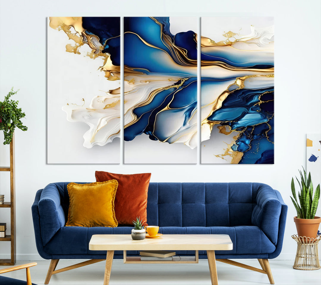 Abstract Blue and Gold Canvas Wall Art Print - Luxurious Modern Abstract Design with Rich Blue and Gold Accents, Ready to Hang Canvas for Living Room